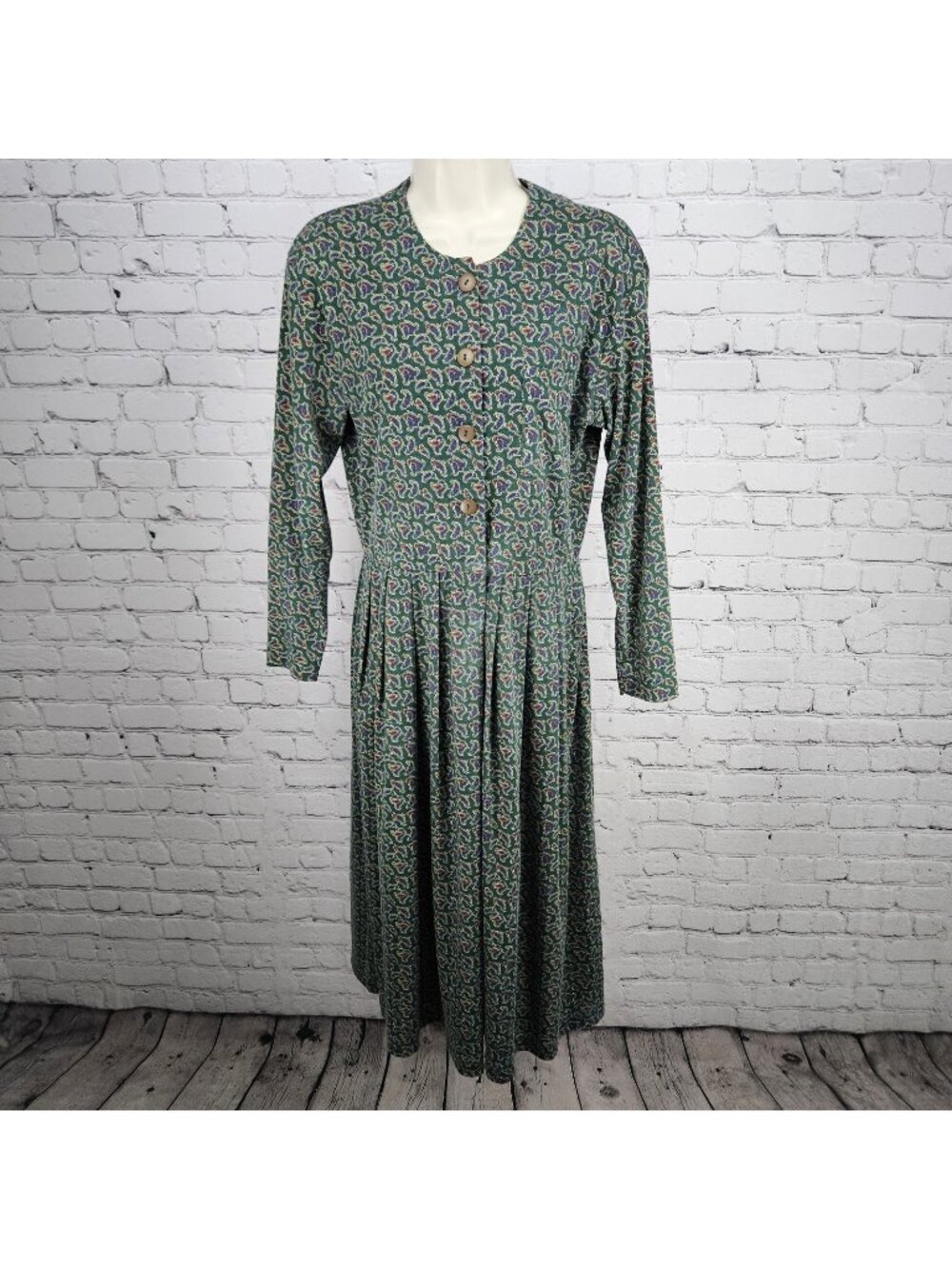 VTG Talbots Sara Campbell Green Paisley Long Sleeve A-Line Midi Dress USA Small